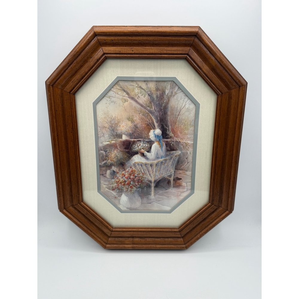 Vintage HOMCO Framed Art Print B Torkland Lady with Bonnet Wicker Chair